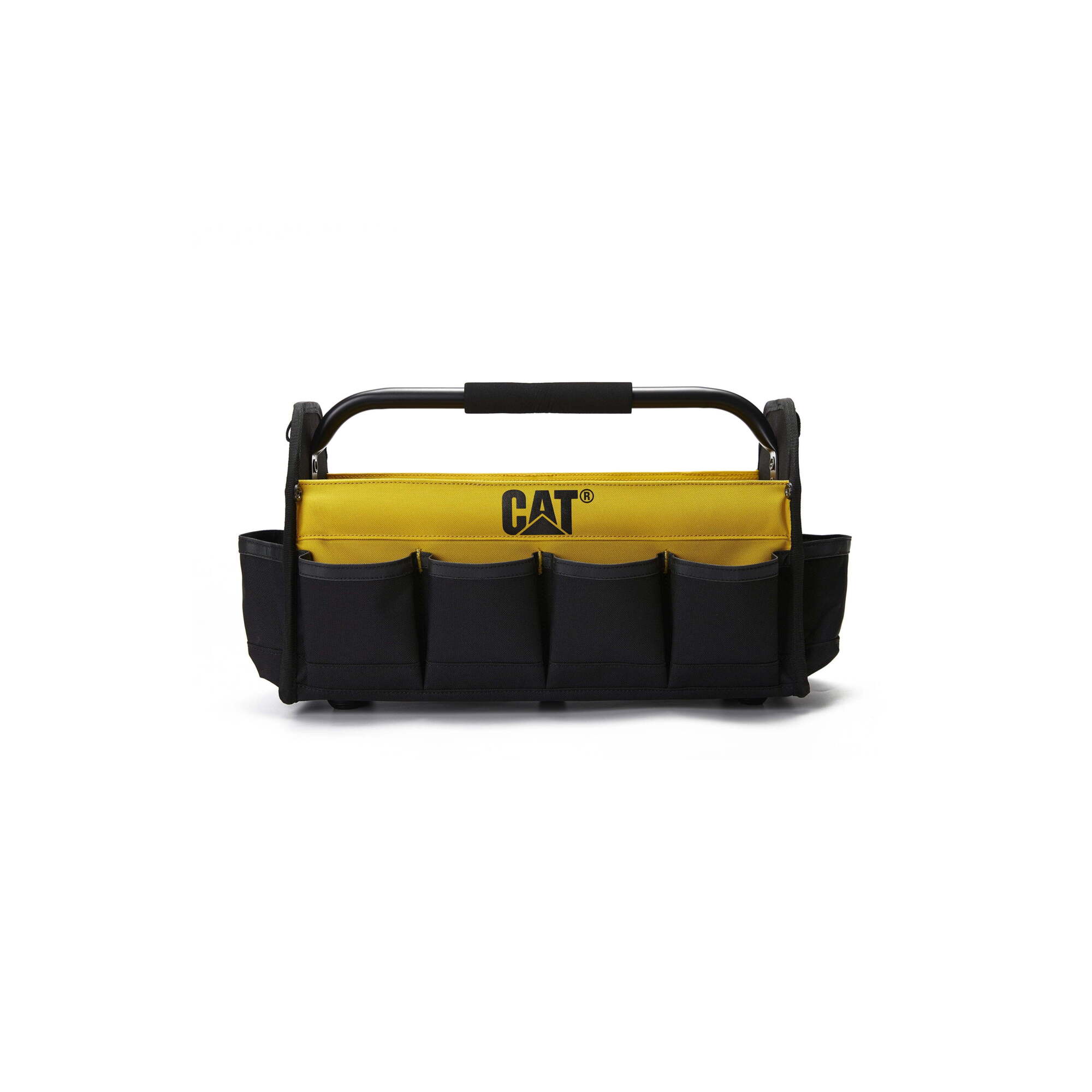 CAT Open Tool Tote, 17in., 14 Pockets, 600D Polyester, Heavy-Duty Handle, Black/Yellow, Model# 84670
